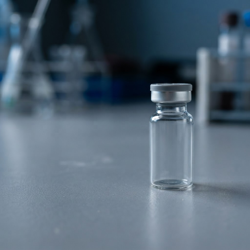 Clean medical sample vial on a laboratory surface