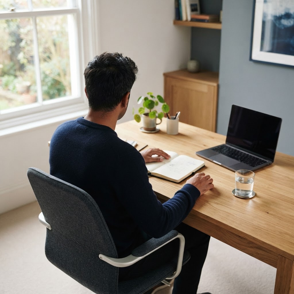Professional working in a minimalist quiet office environment