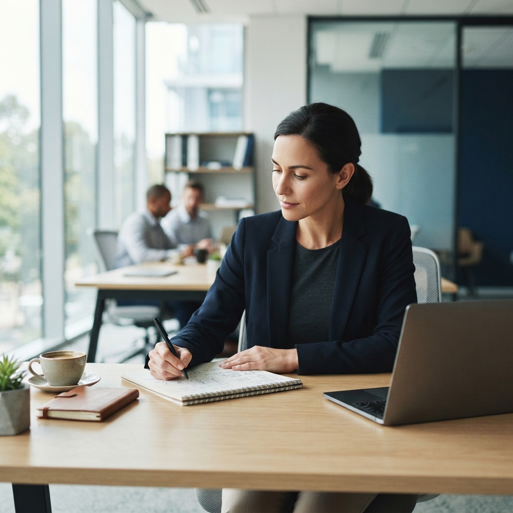 A founder focused on planning and writing in a modern office