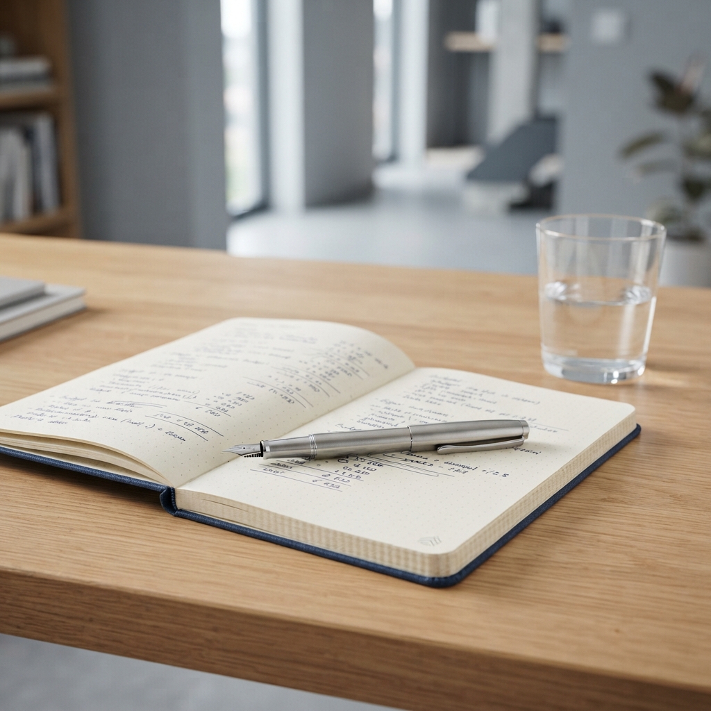 Close up of a notebook and pen on a clean desk