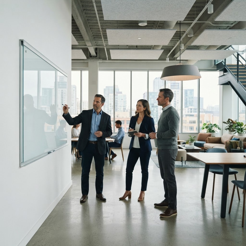 Professional team planning in a modern minimalist workspace