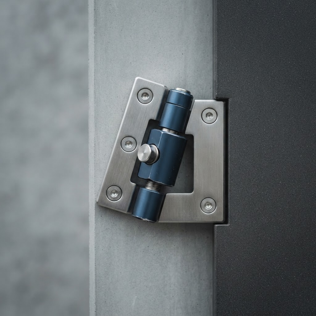Detailed close-up of a precision metal architectural hinge