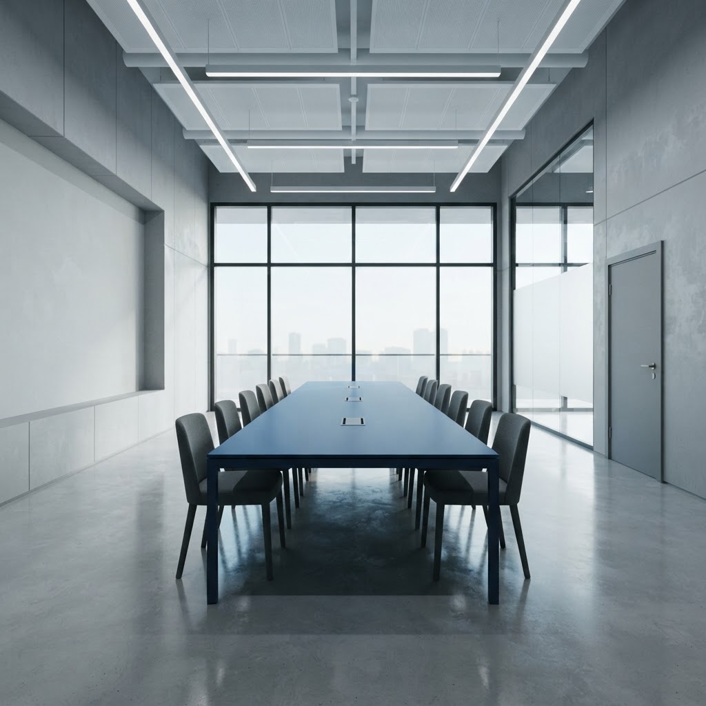 Minimalist modern conference room with a deep blue table