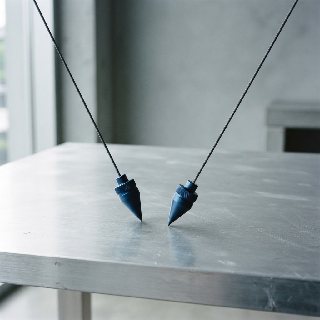 Two precision metal plumb lines on a minimalist aluminum desk