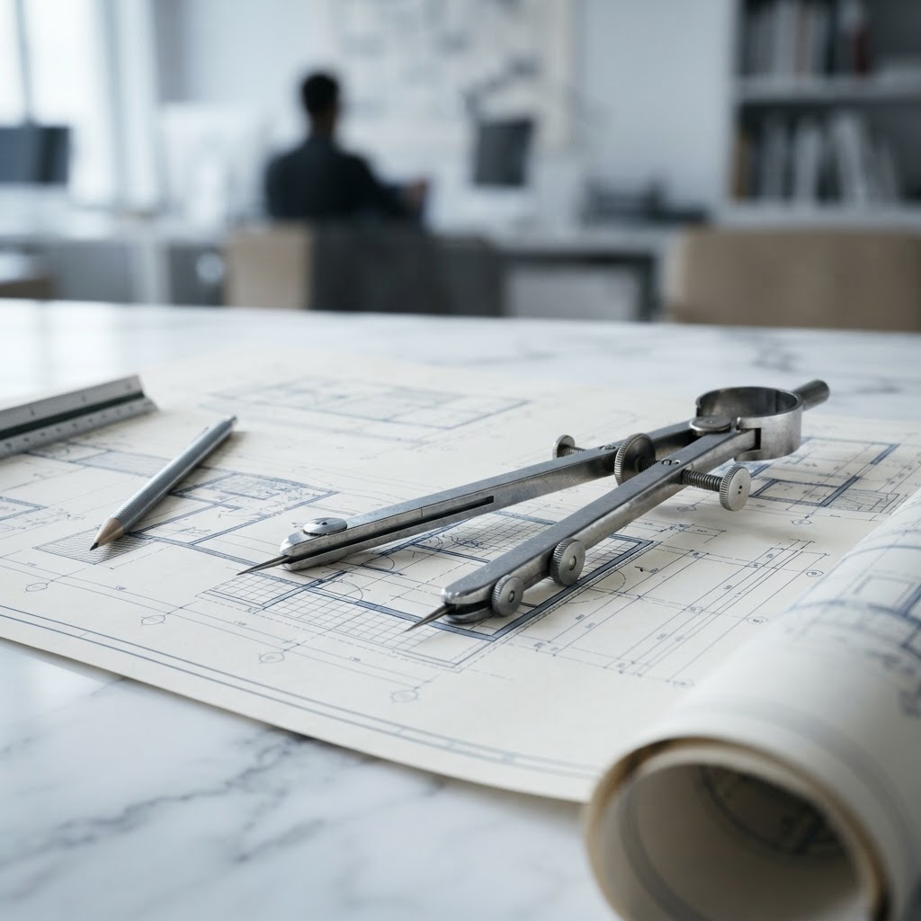 Construction blueprints and drafting tools on a desk