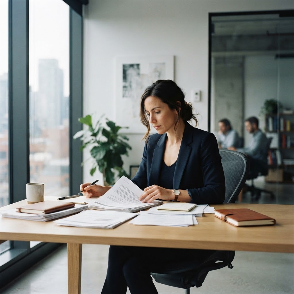 Founder reviewing strategic documents at a clean desk