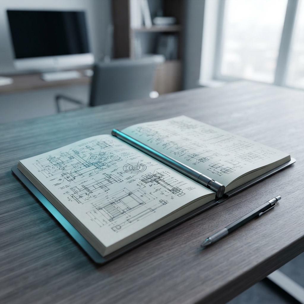Clean workspace with engineering schematics on a paper notebook