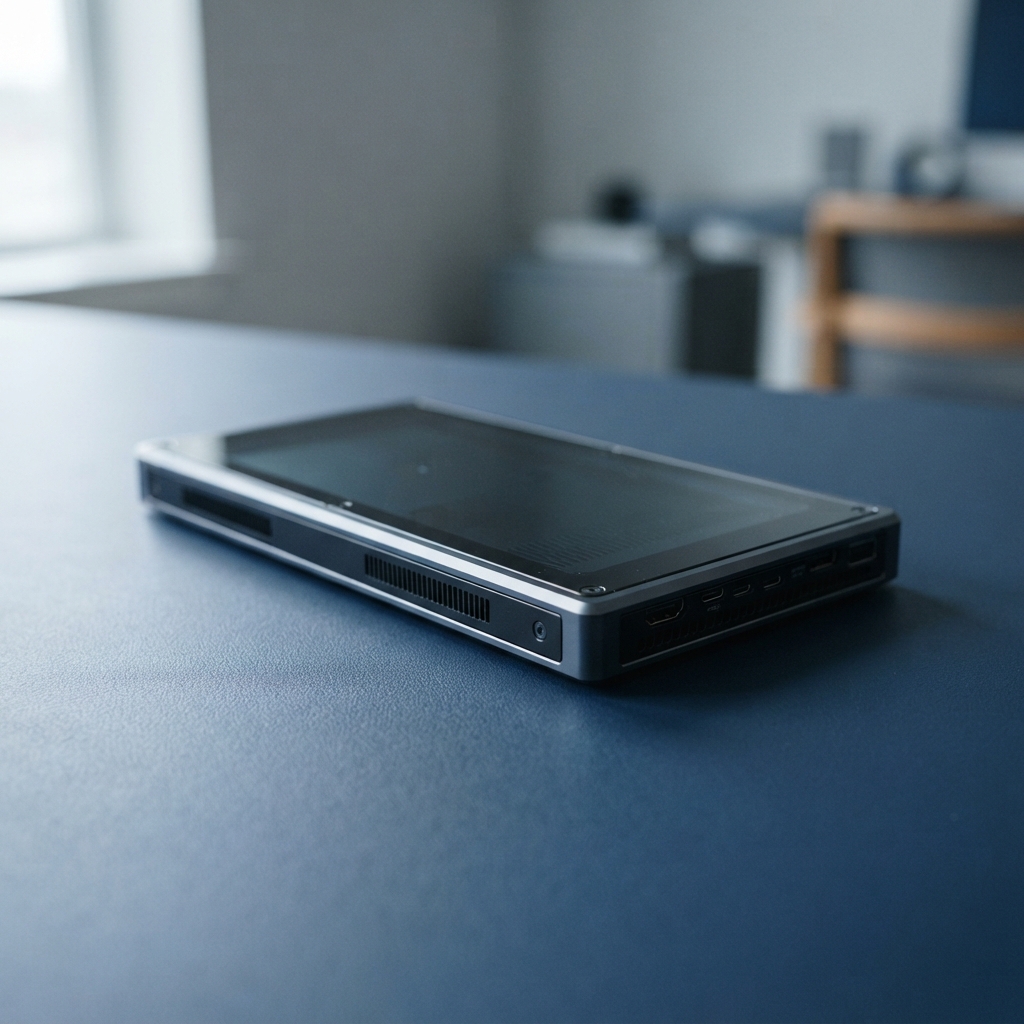 Close-up of minimalist hardware on a clean office surface