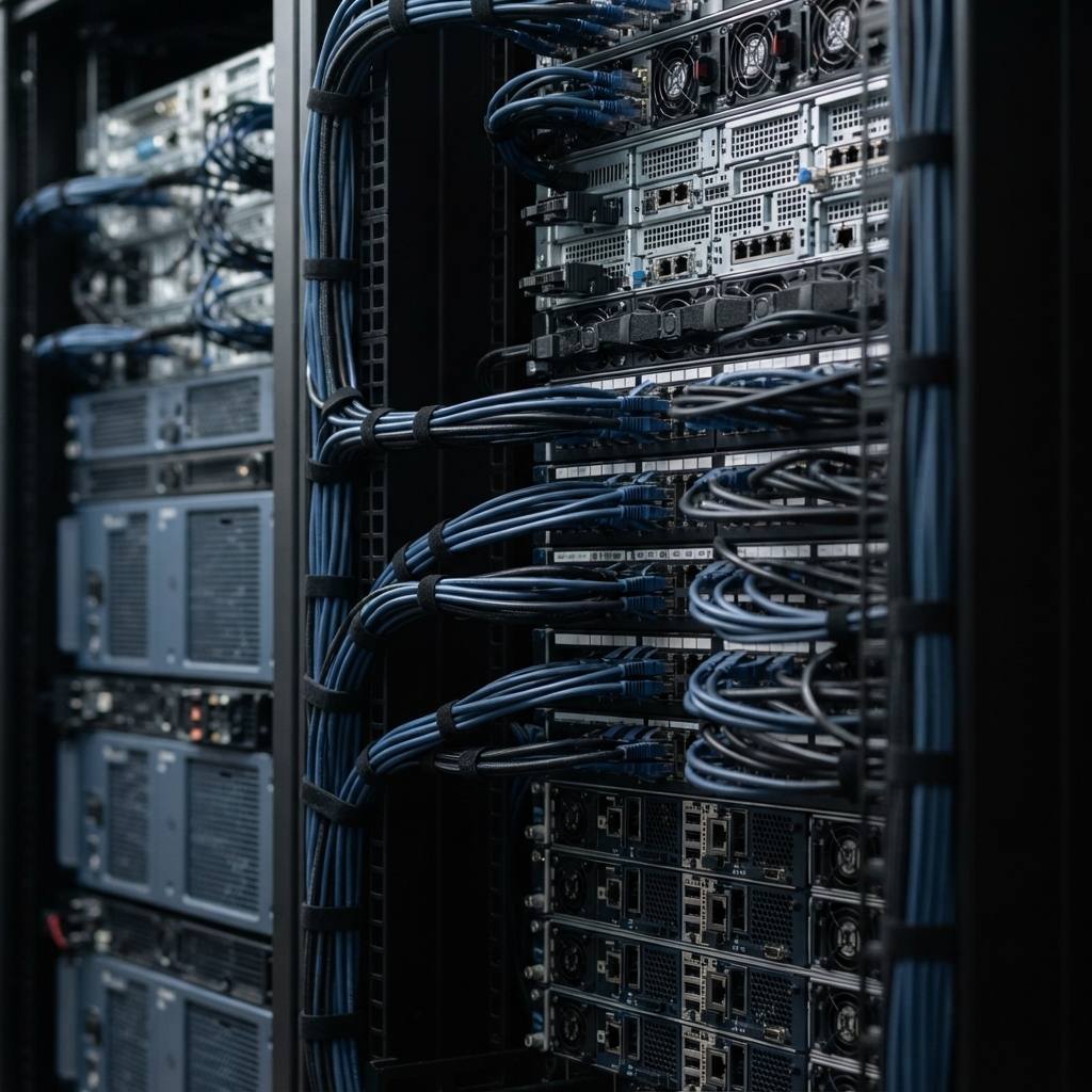 Close up of server rack infrastructure components