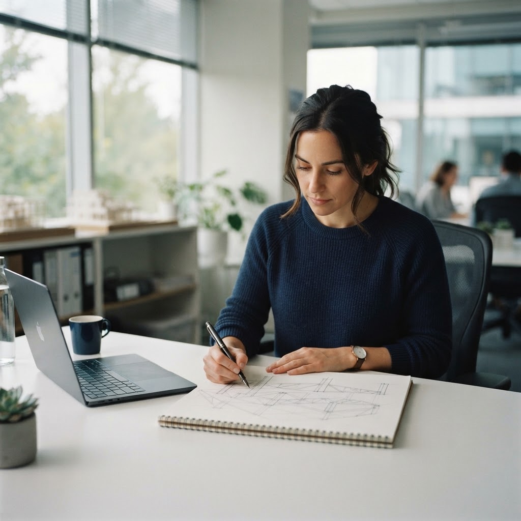 Engineer sketching a technical system design on a notepad