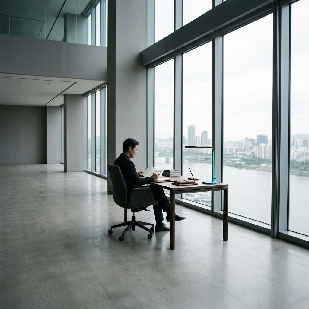 Professional seated at modern minimalist desk by natural light