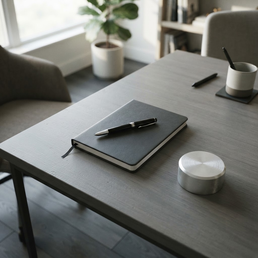 Minimalist desk space with a notebook and pen