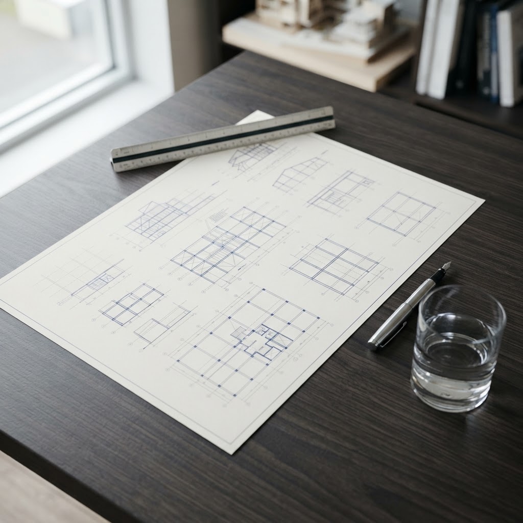 Architectural blueprints on a desk