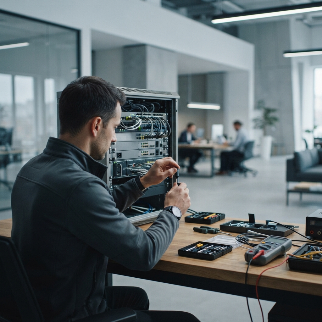 Professional engineer working on network hardware