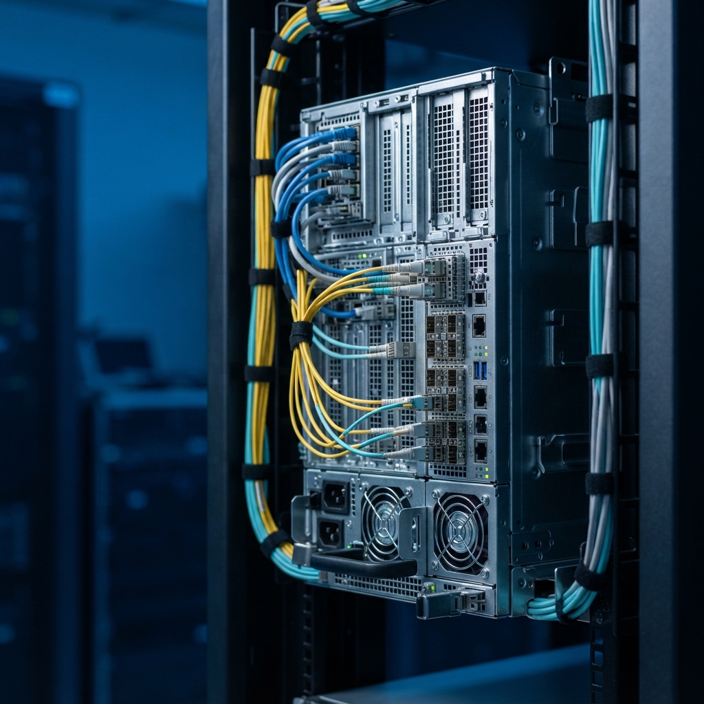 Close up of professional server hardware infrastructure