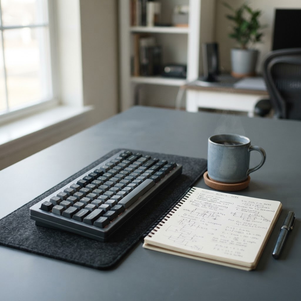 Professional workspace with notebook and mechanical keyboard
