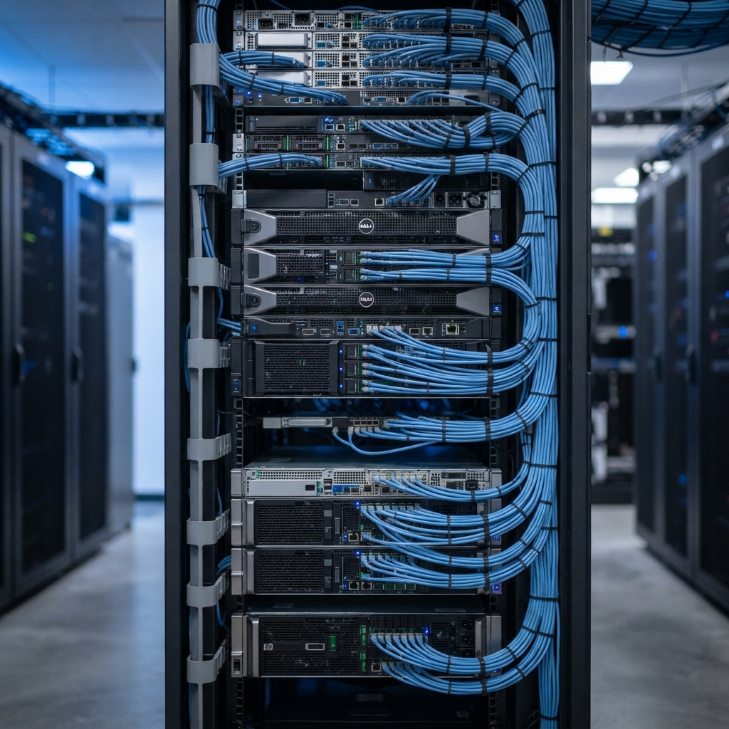 Detail of clean and organized server infrastructure racks