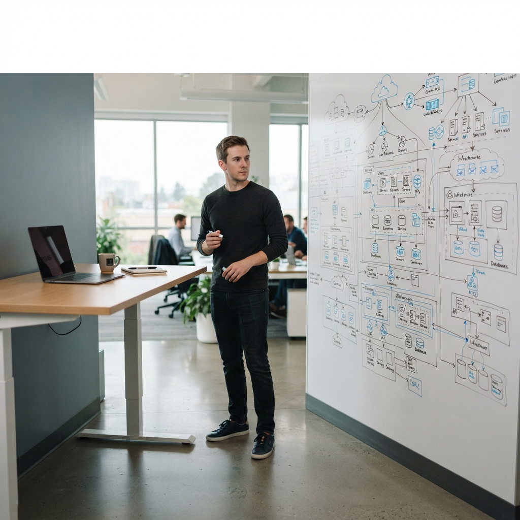 Software engineer planning cloud infrastructure on a whiteboard