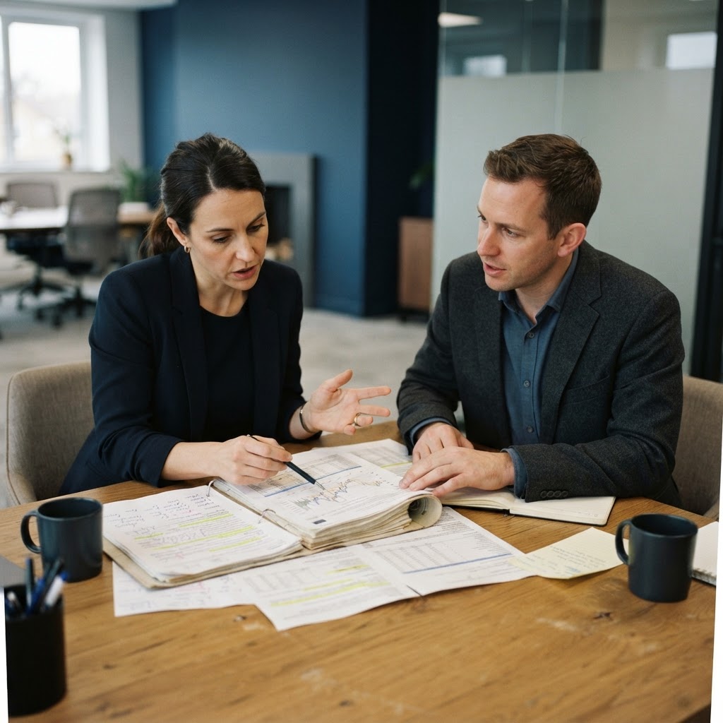 Two founders reviewing printed technical documents at a table
