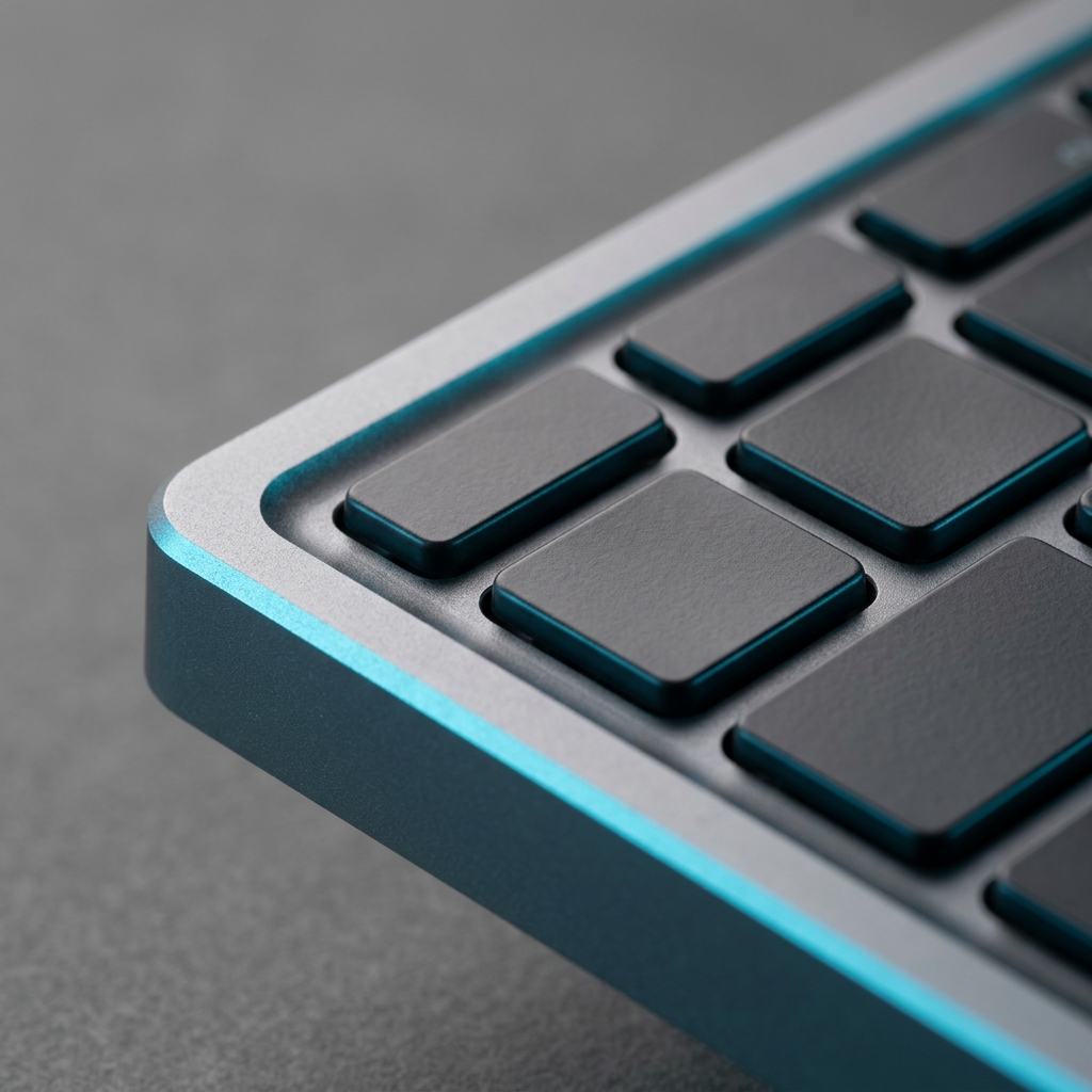 Close-up detail of laptop keyboard and metallic frame