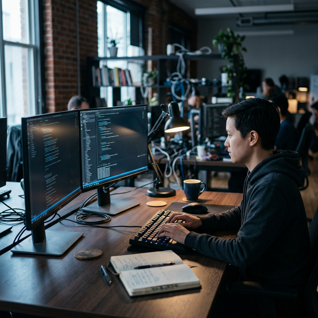 Developer workspace with dual monitors and code editors