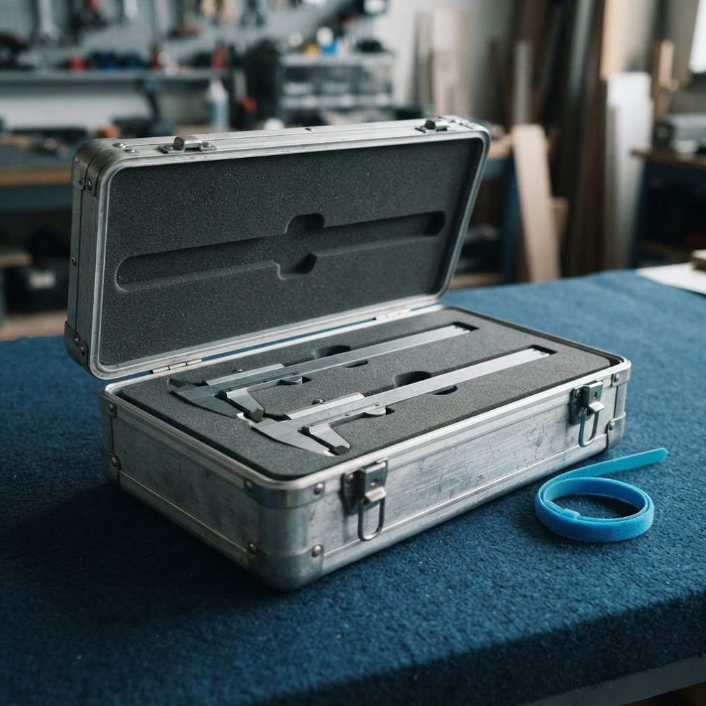 Open aluminum equipment case with precision tools
