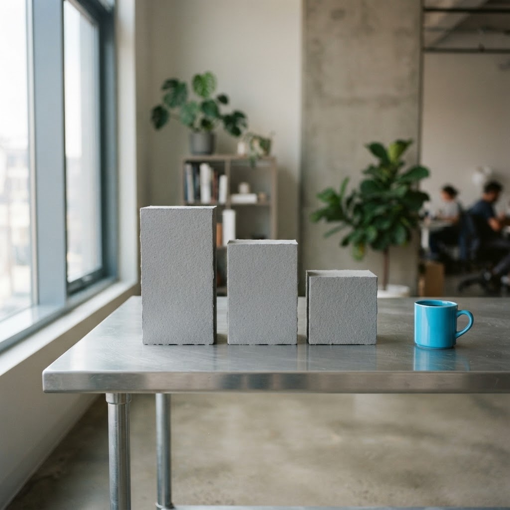 Three clean paper blocks on a modern aluminum desk