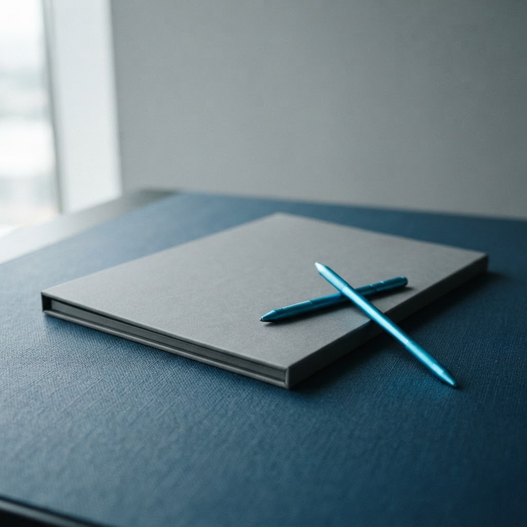 A closed architectural folder on a desk with a stylus
