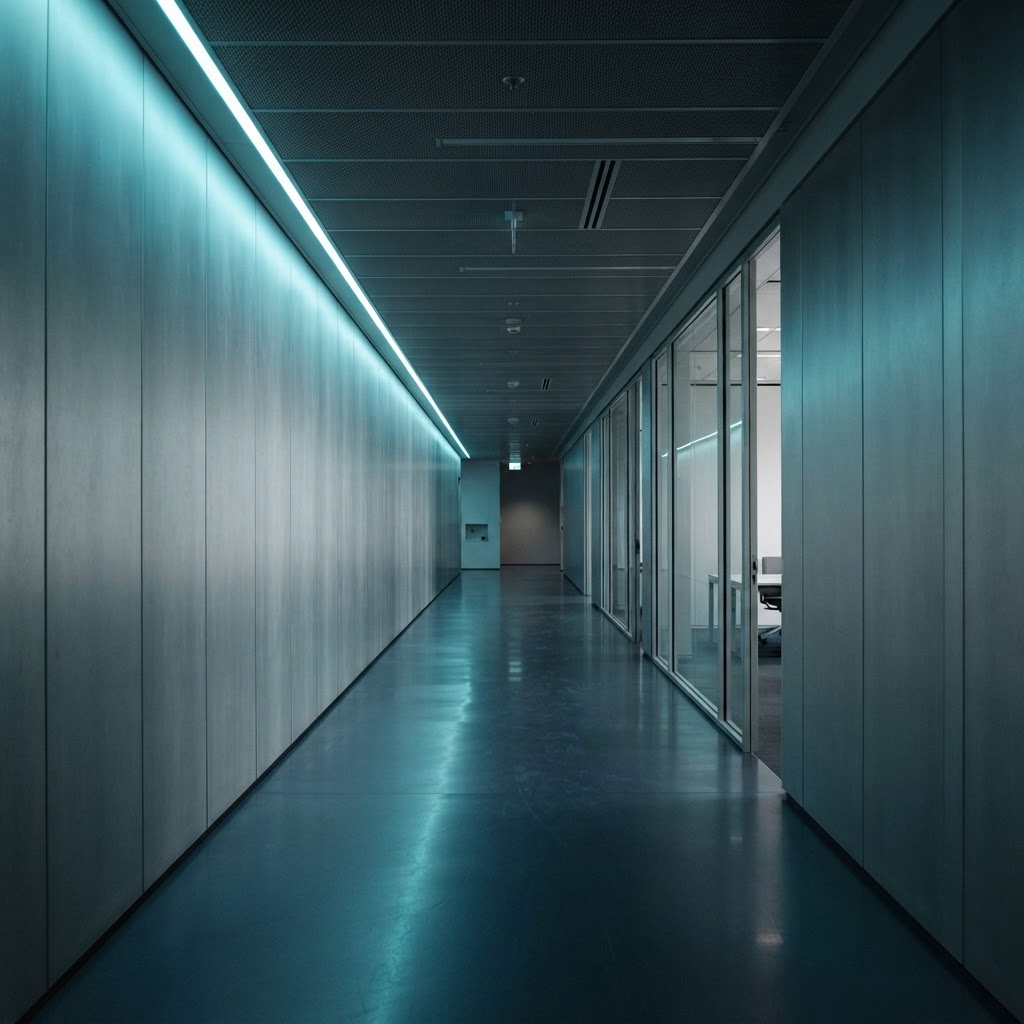 A modern minimalist office hallway with clean lines