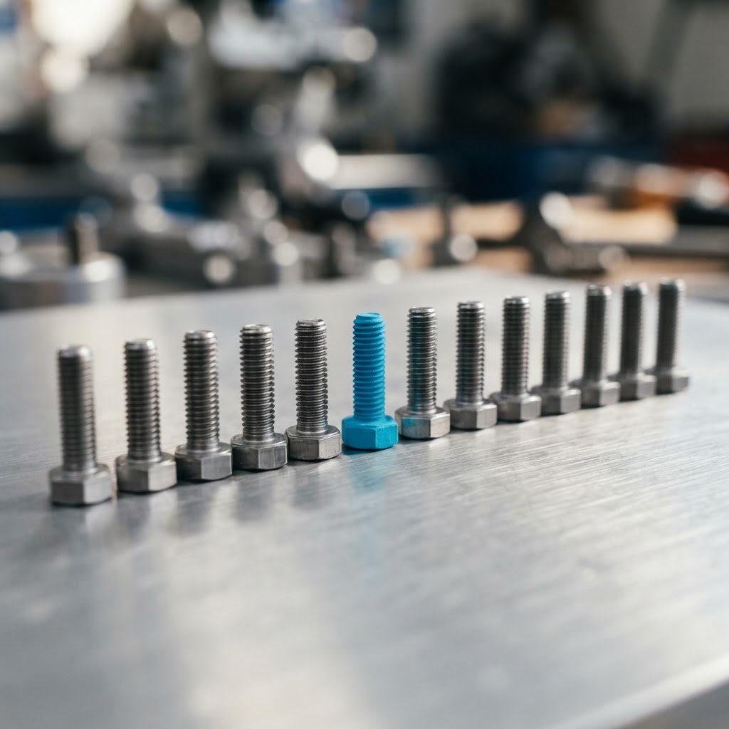 A row of metal fasteners with one cyan accent