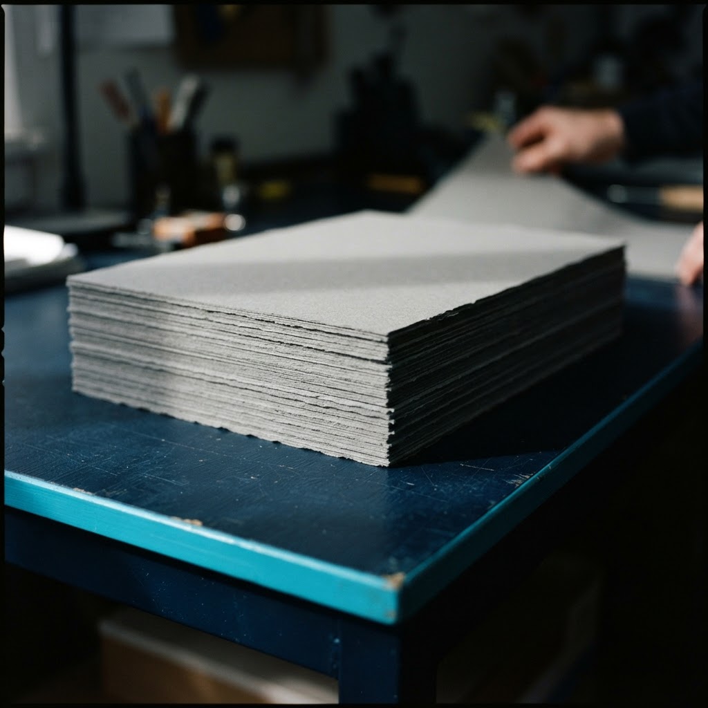 A stack of gray paper stock on a desk