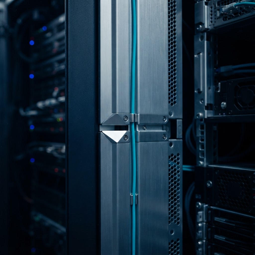 Close-up detail of high-quality metallic server rack and cable