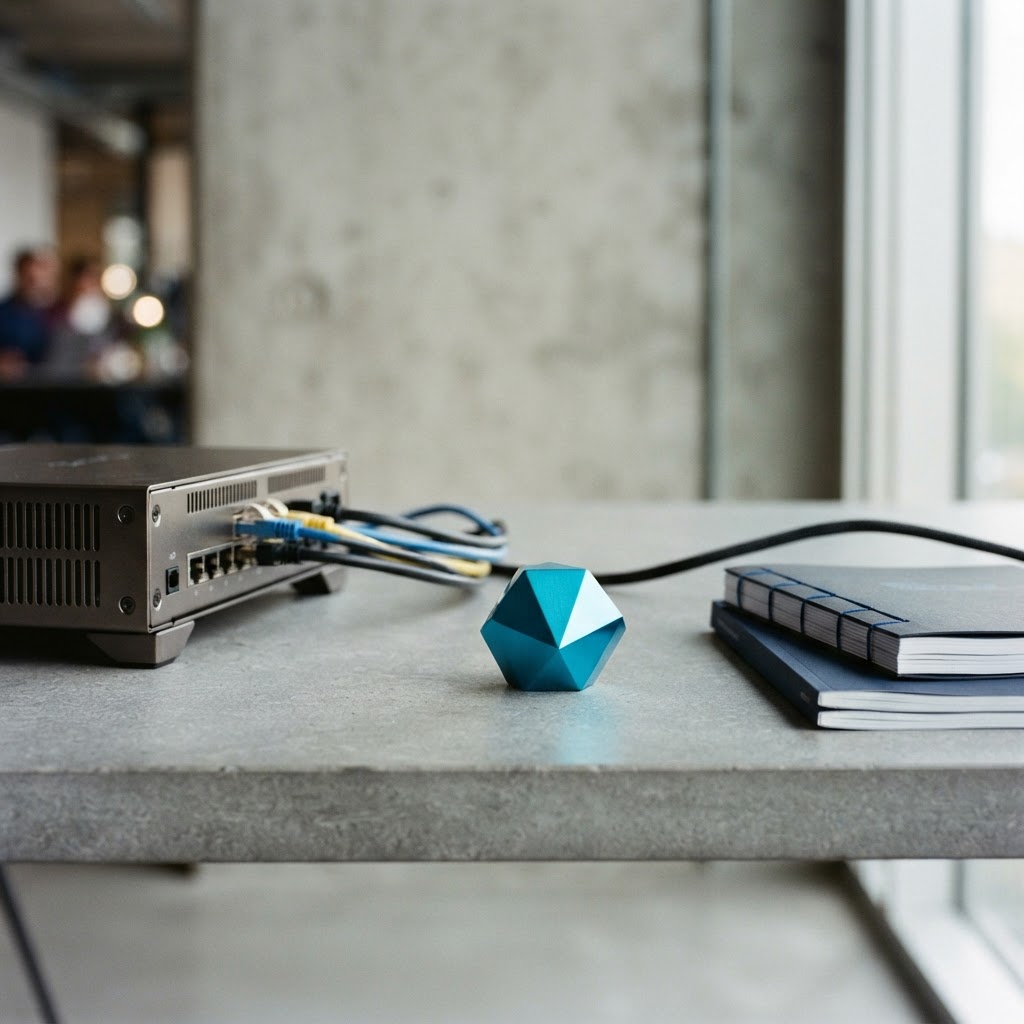 Minimalist desk setup with network equipment and technical documentation