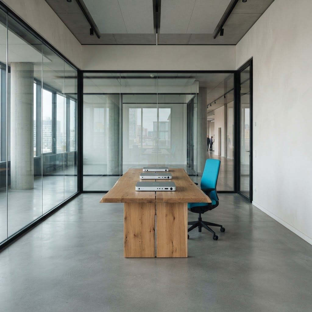 Minimalist office environment with precision hardware on a central desk
