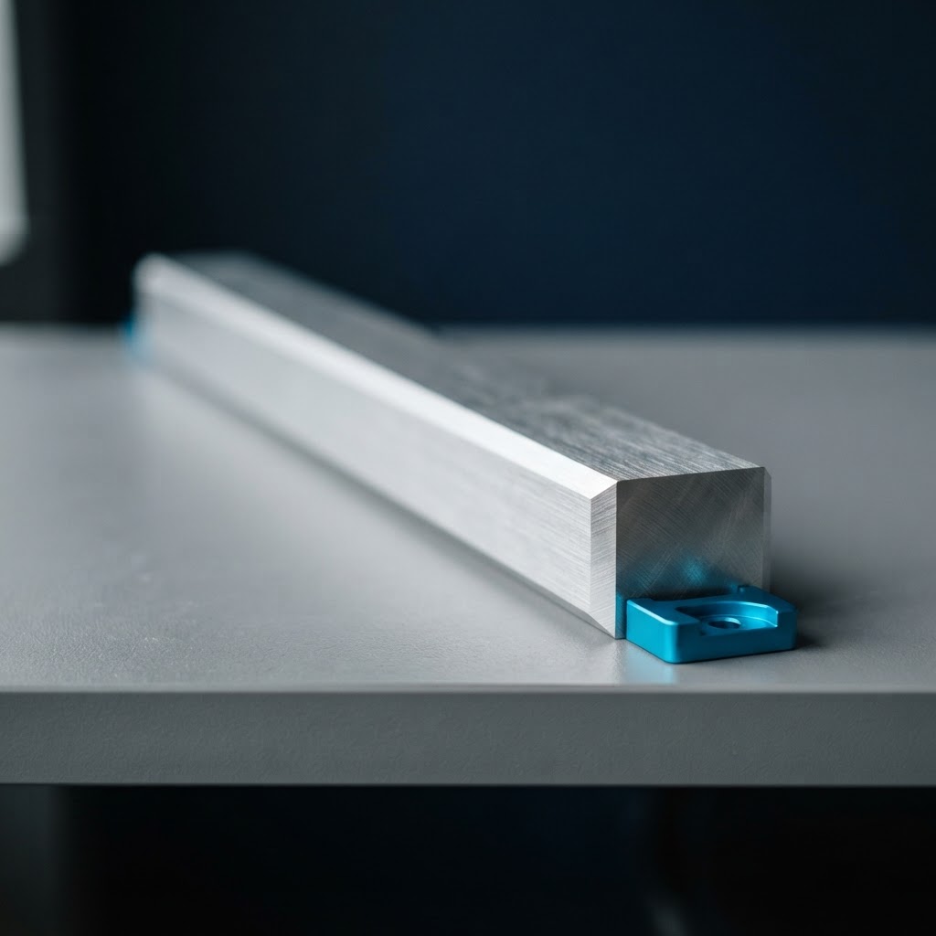A brushed aluminum beam with a small electric cyan accent piece