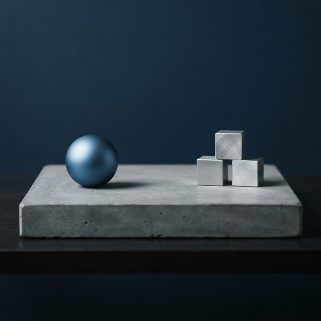 A single blue sphere facing three aluminum cubes on a concrete surface