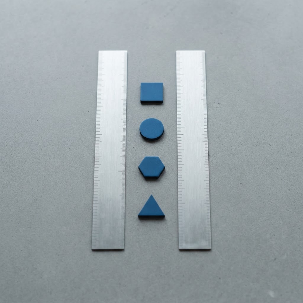 Two aluminum rulers framing four blue metal discs