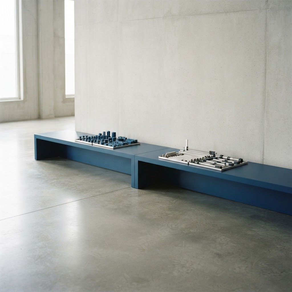 Two sets of engineering tools on a long deep blue bench