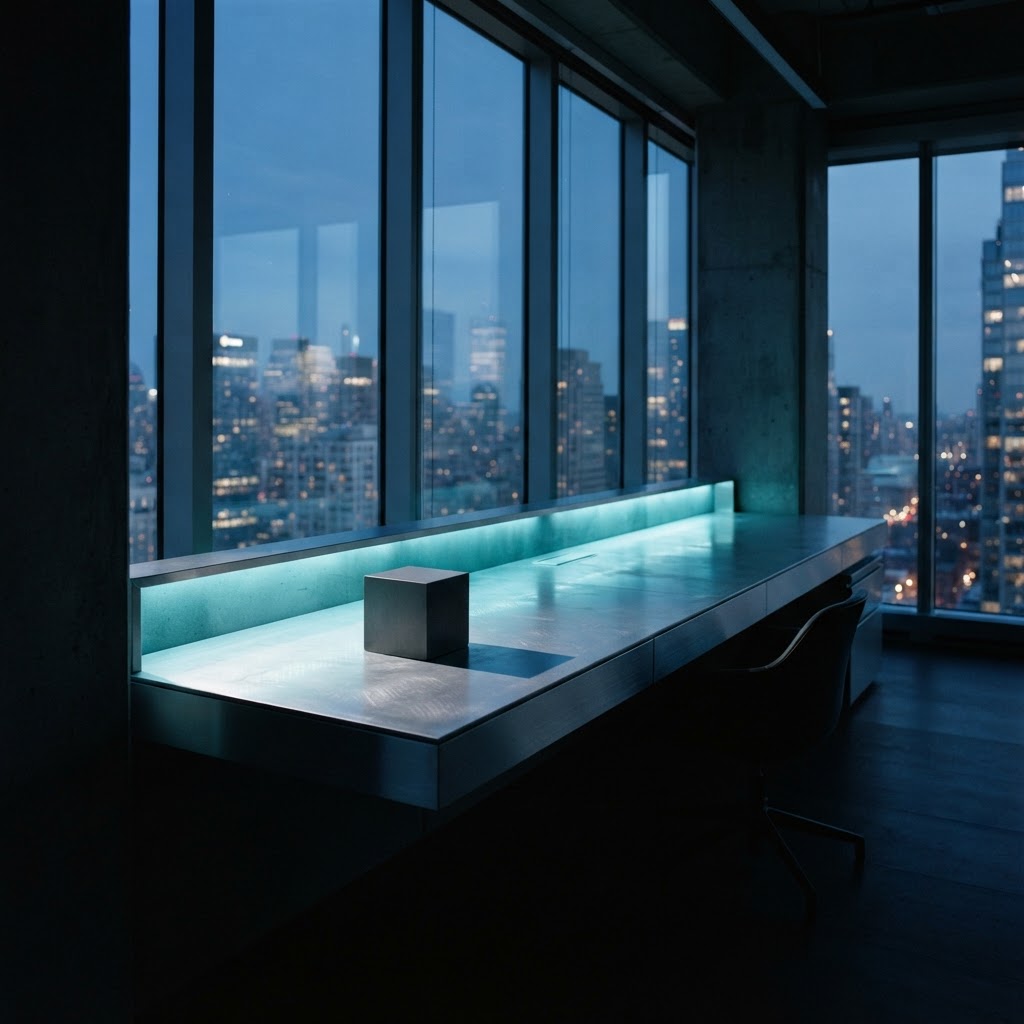 A minimalist office desk with architectural design