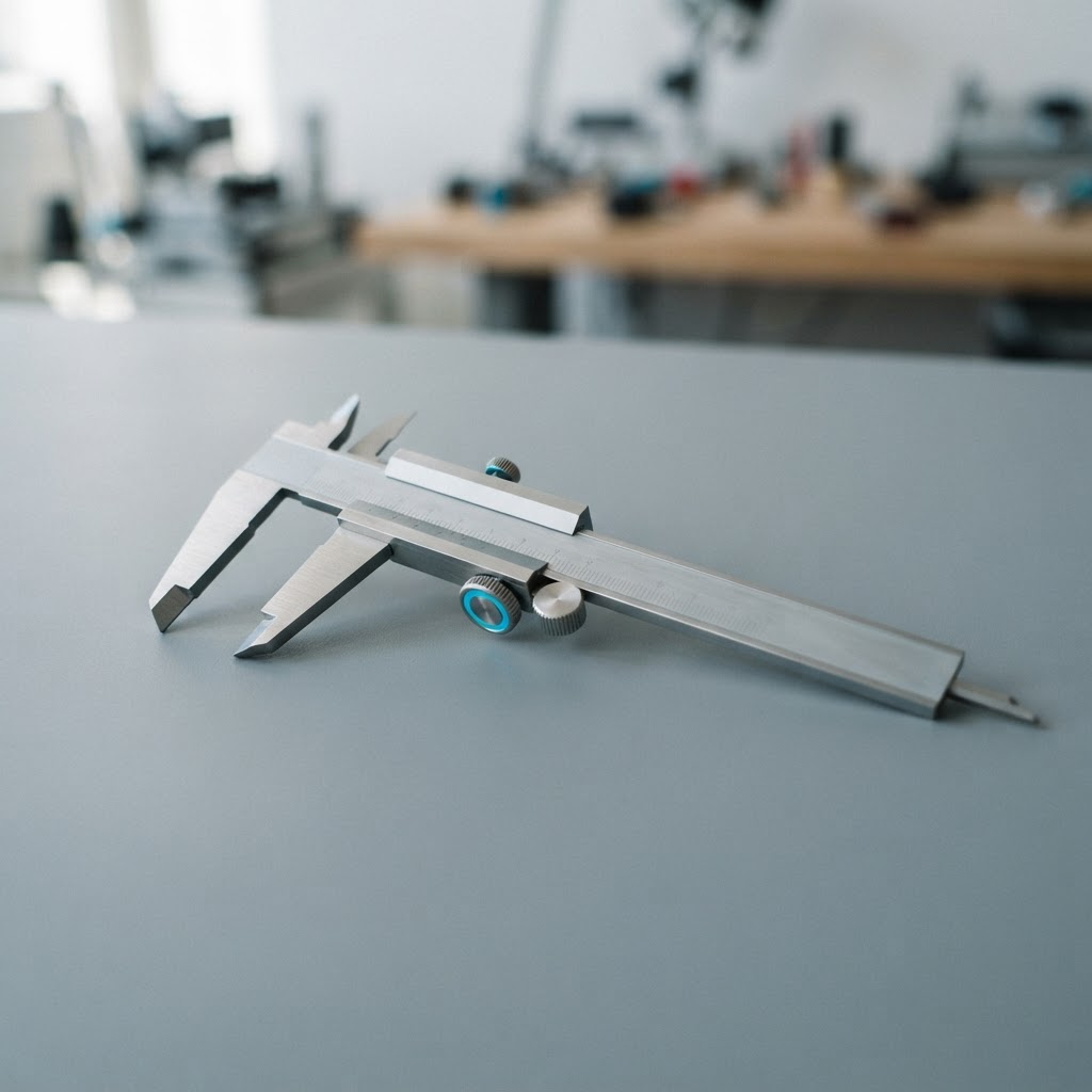 Metallic calipers resting on a flat surface
