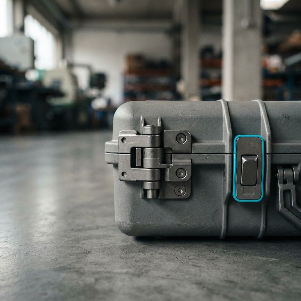 Close up of an industrial briefcase hinge mechanism