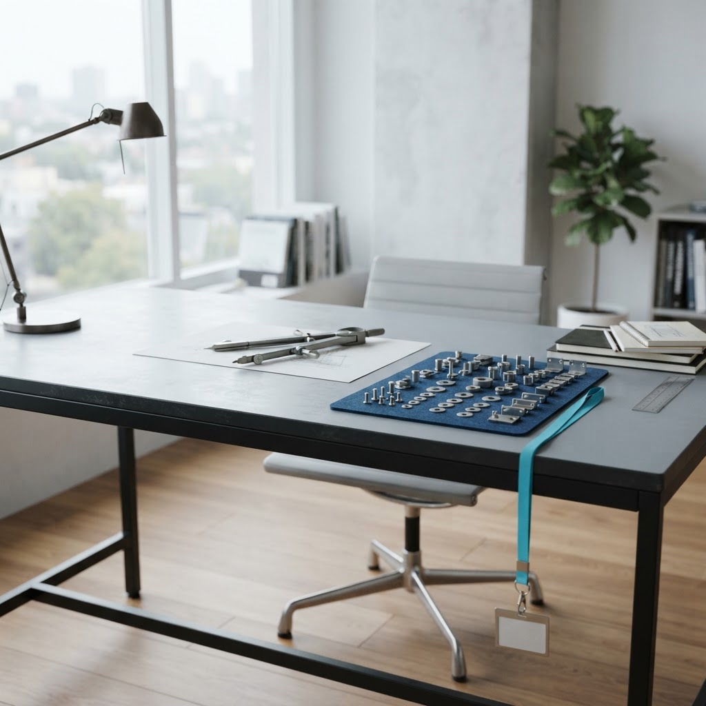 Minimalist engineering desk with hardware tools and desk mat