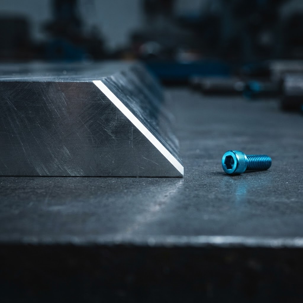 Macro view of an aluminum slab edge with a cyan screw