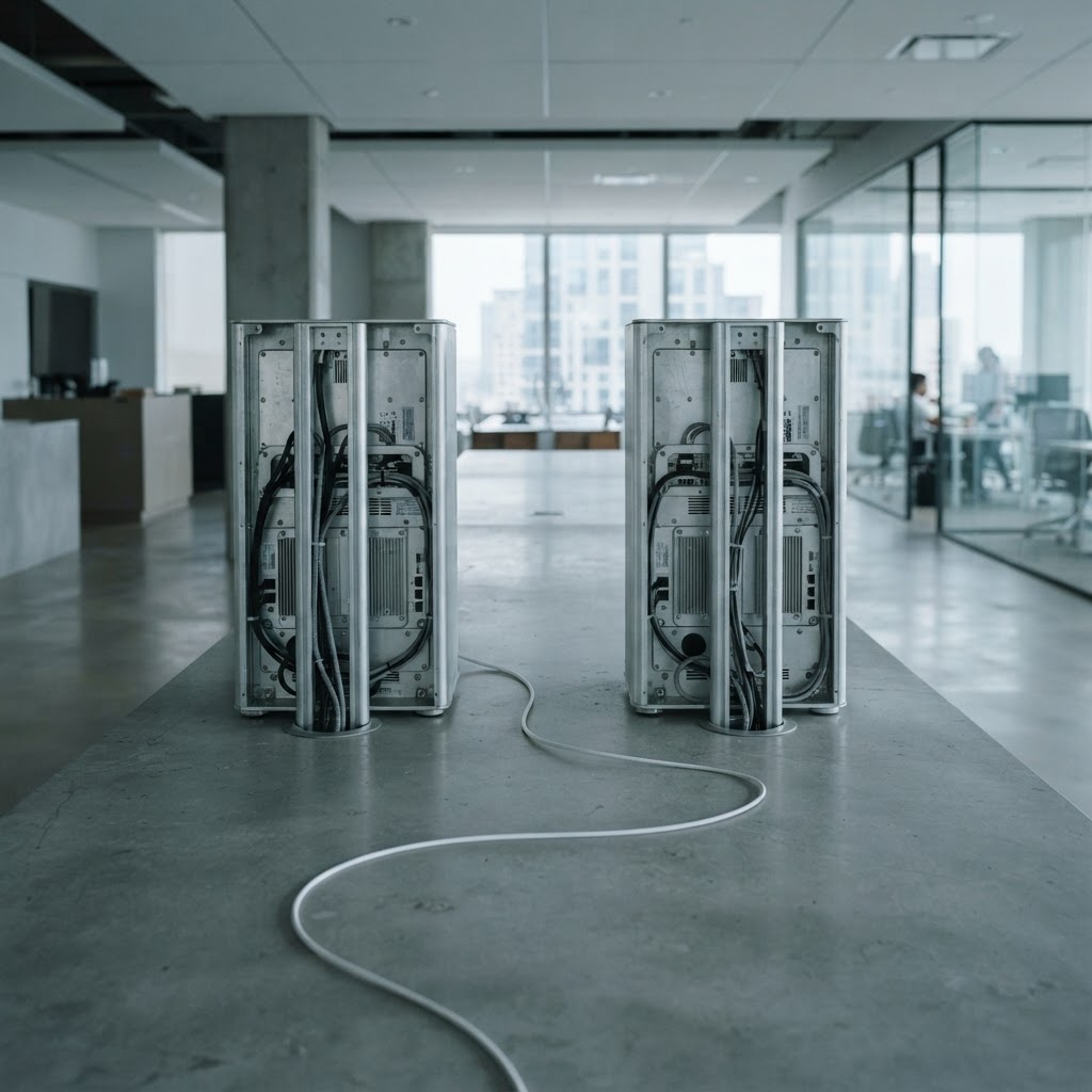 Minimalist industrial workspace with aluminum hardware stands