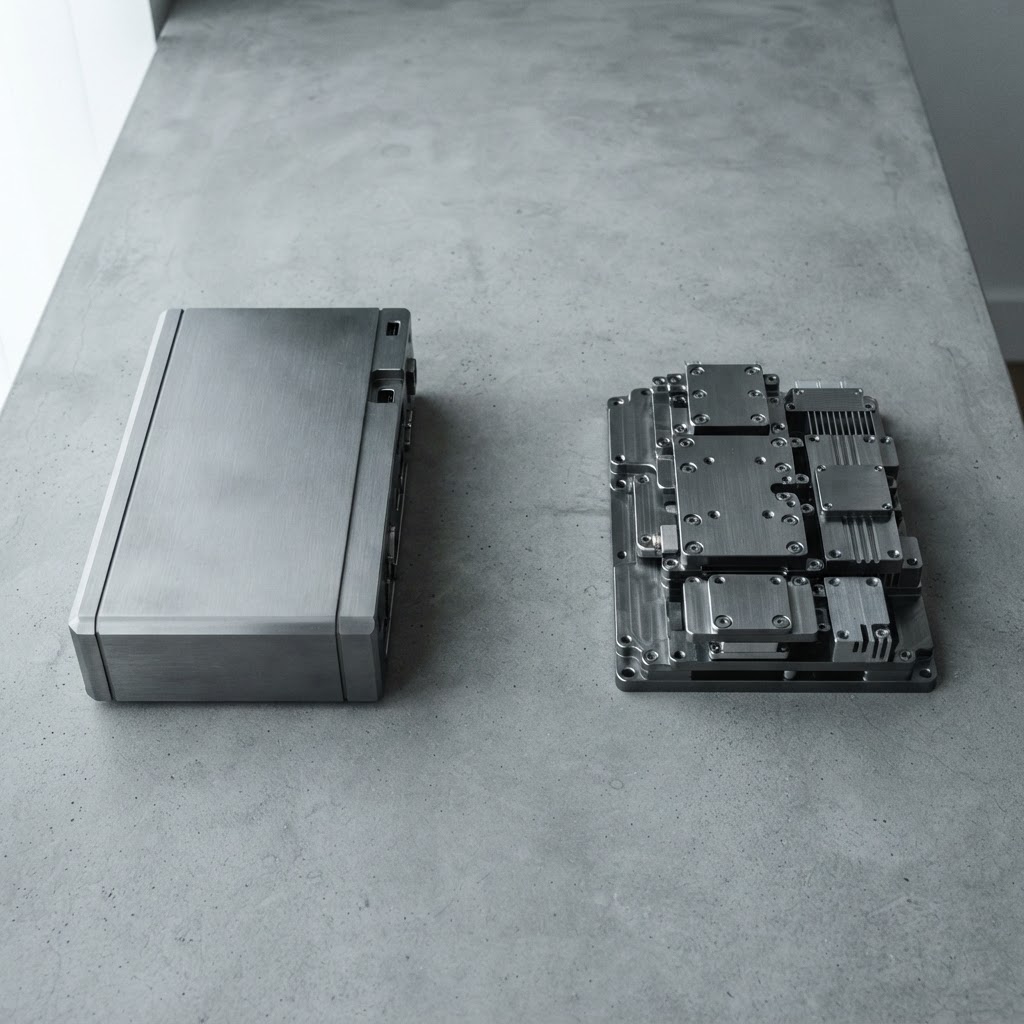 Two distinct metallic hardware components resting on a concrete desk