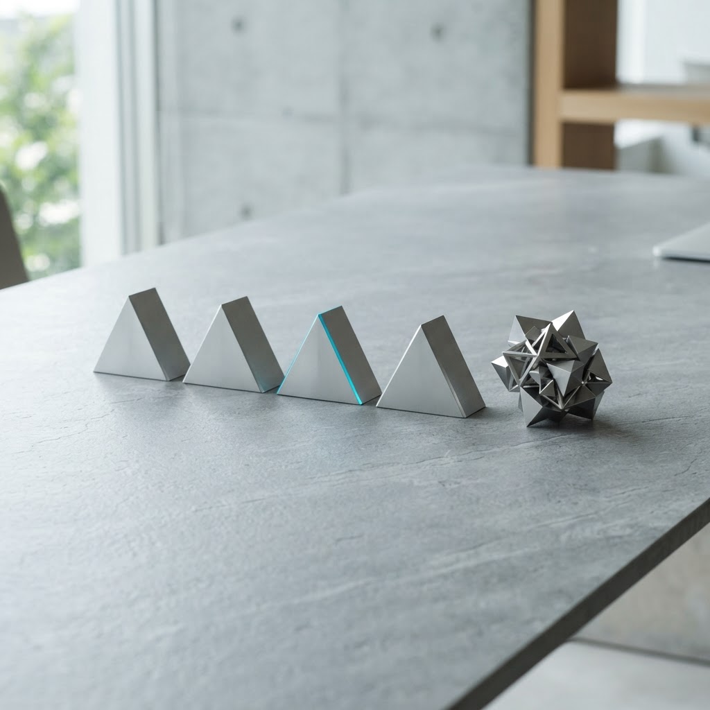 Orderly arrangement of geometric metal objects on a desk