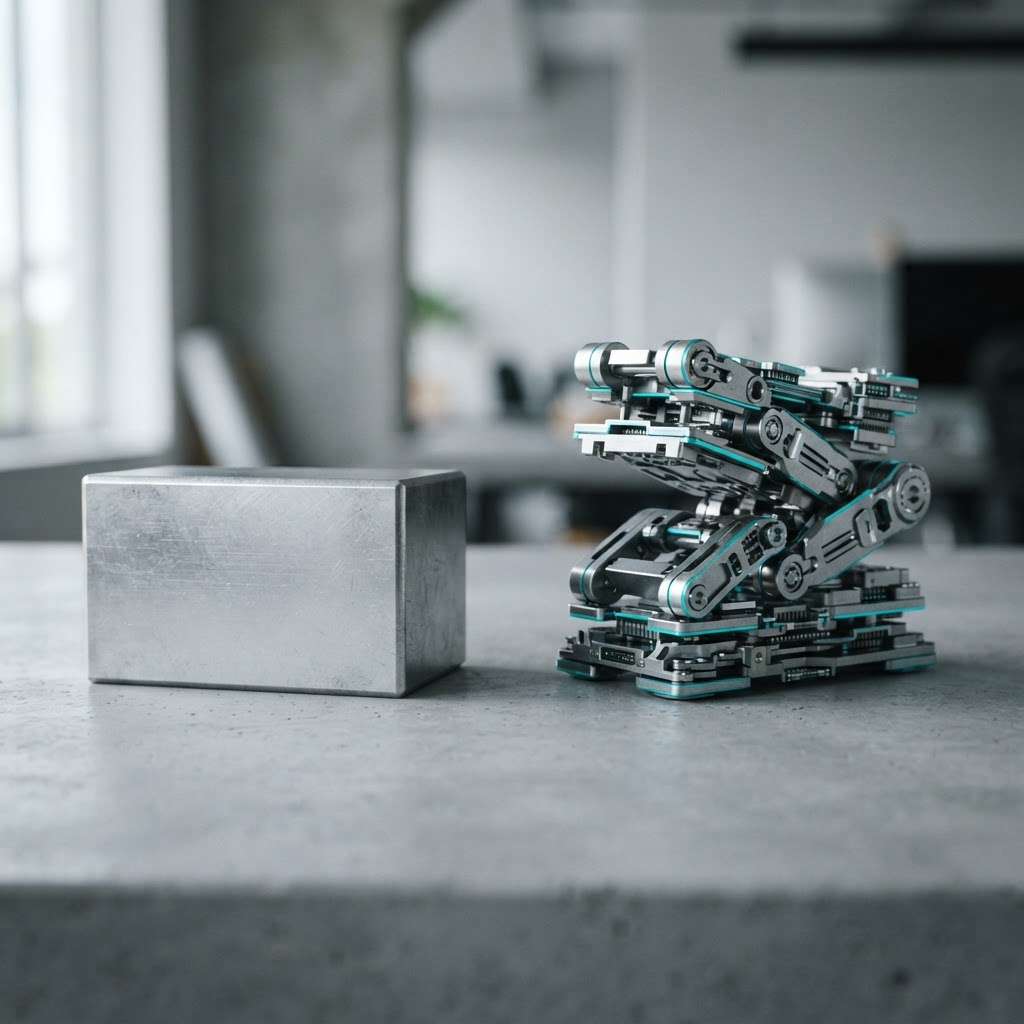 Two distinct metallic structures on a minimalist desk