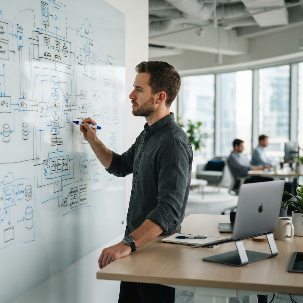 Engineer mapping technical architecture on a whiteboard