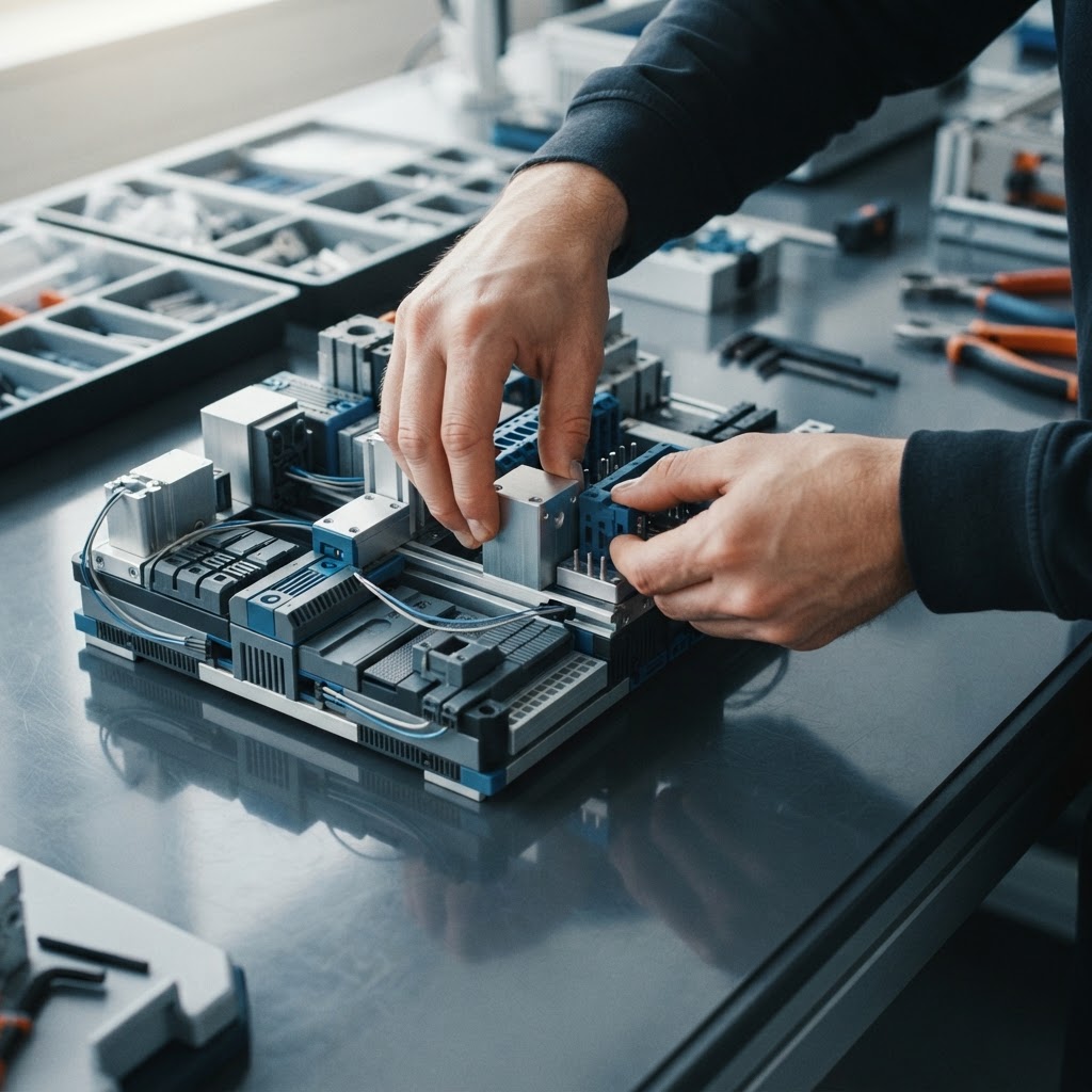 Hands assembling modular infrastructure components