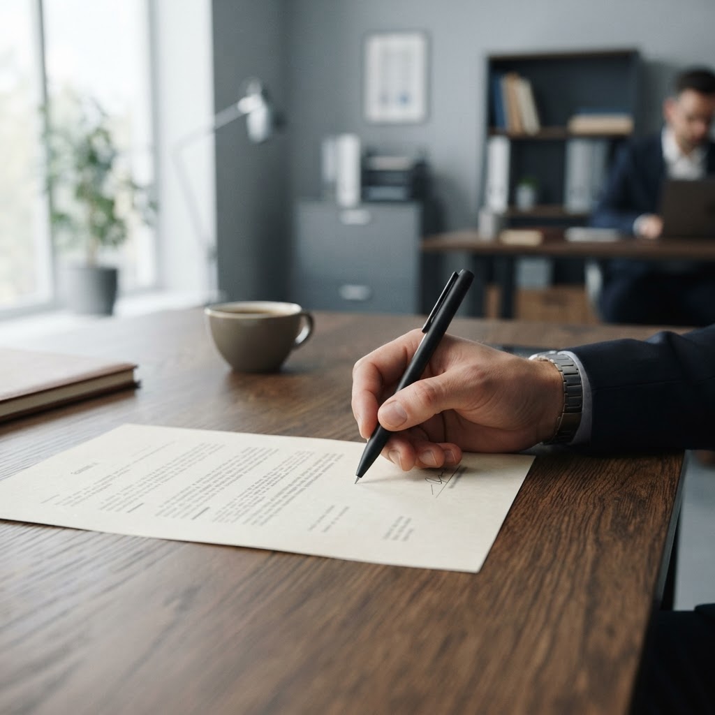 A hand holding a pen over a professional document